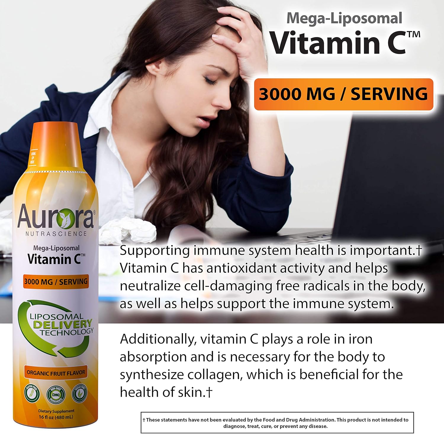Aurora Nutrascience Mega Liposomal Vitamin C 3000 mg per Serving 16 oz