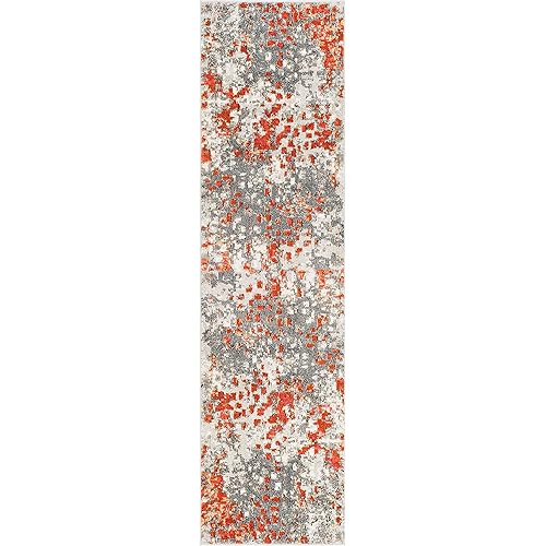 Safavieh Monaco Collection MNC225H Boho Chic Abstract Watercolor Non-Shedding Stain Resistant Living Room Bedroom Runner, 2'2" x 14' , Grey / Orange