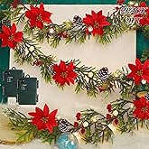 Juegoal 2 Pack Christmas Garland, 9' Pre-lit Artificial Xmas Flocked Garlands, Lighted Poinsettia Spruce Timer & Battery Operated with Lights, Garden Home Winter New Year decor, Geen, Red (YO-TTSZ-2)
