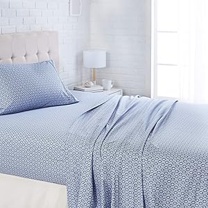 AmazonBasics Lightweight Super Soft Easy Care Microfiber Sheet Set with 16" Deep Pockets - Twin, Blue Damask