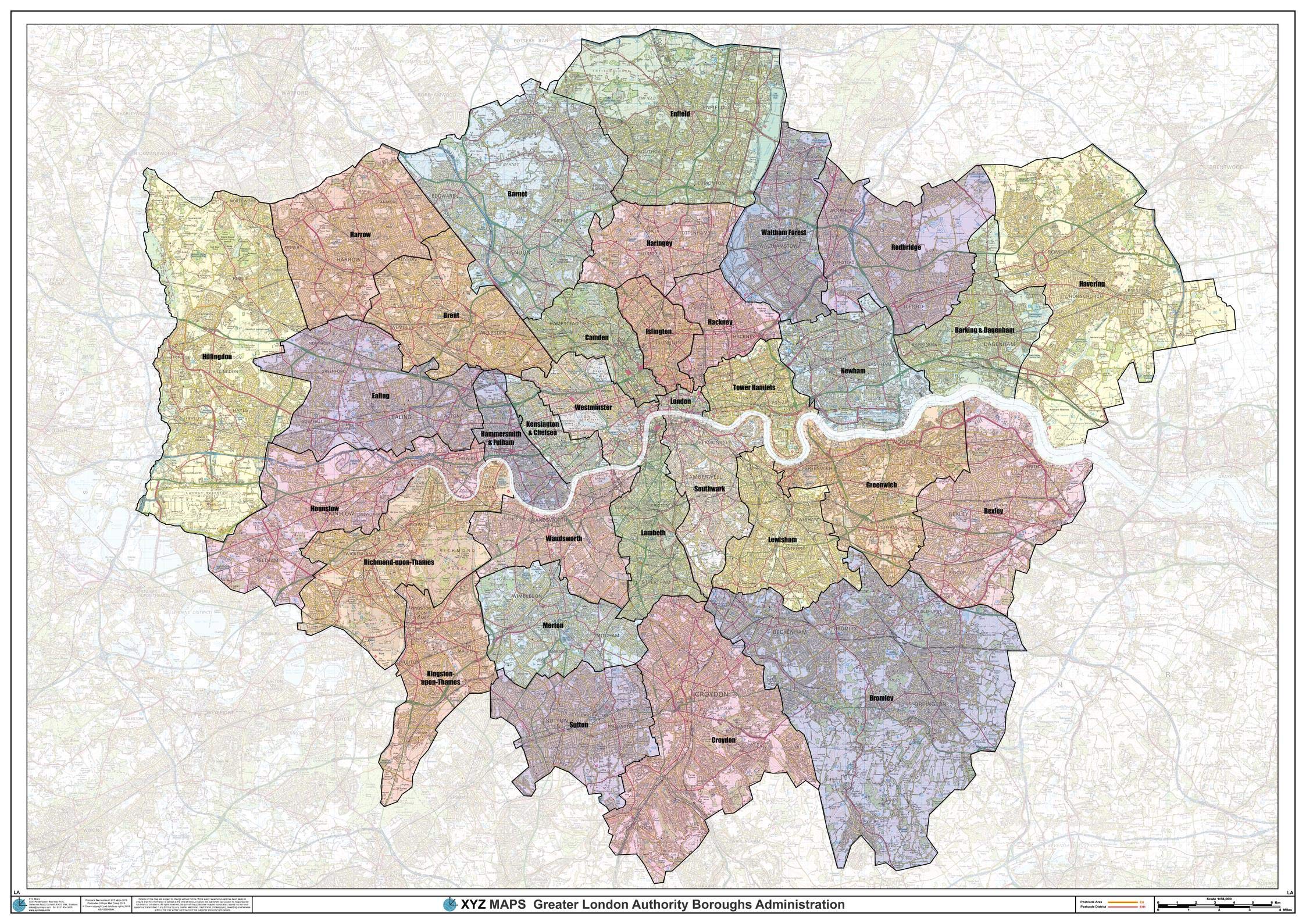 Greater London Authority Boroughs Wall Map - 47" x 33.25" Paper