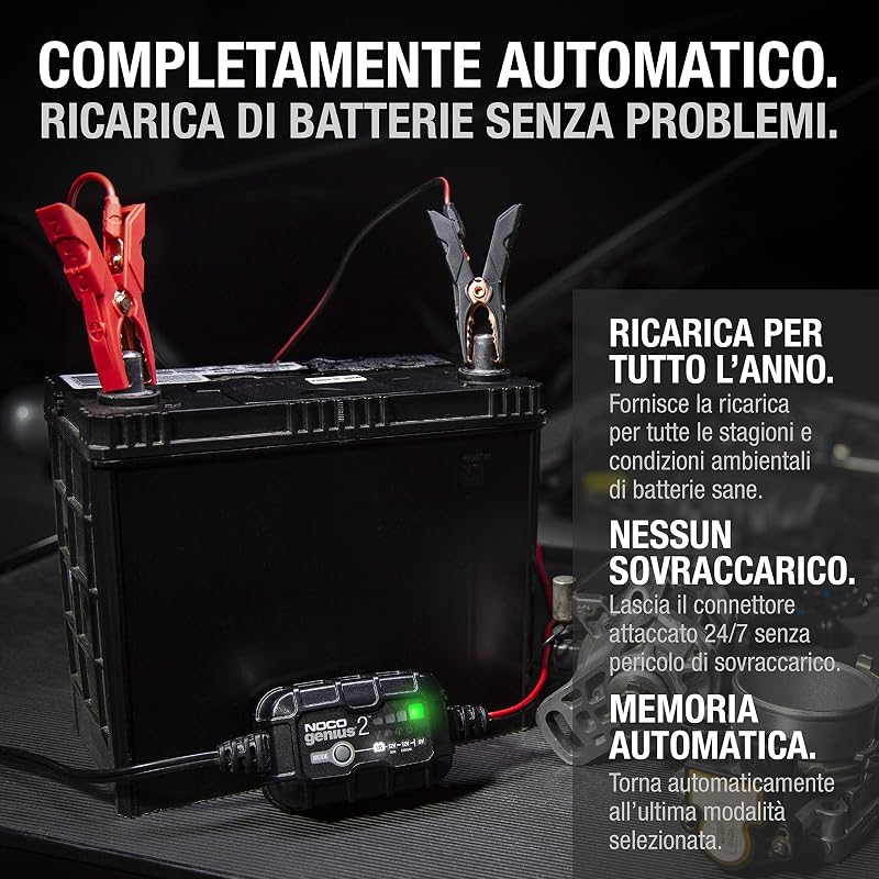 GENIUS2: Caricabatterie Intelligente 2A 6V/12V – Mantenitore di Carica e Desolfatatore con Protezione da Sovraccarico e Compensazione Termica – Per Batterie al Piombo e Litio