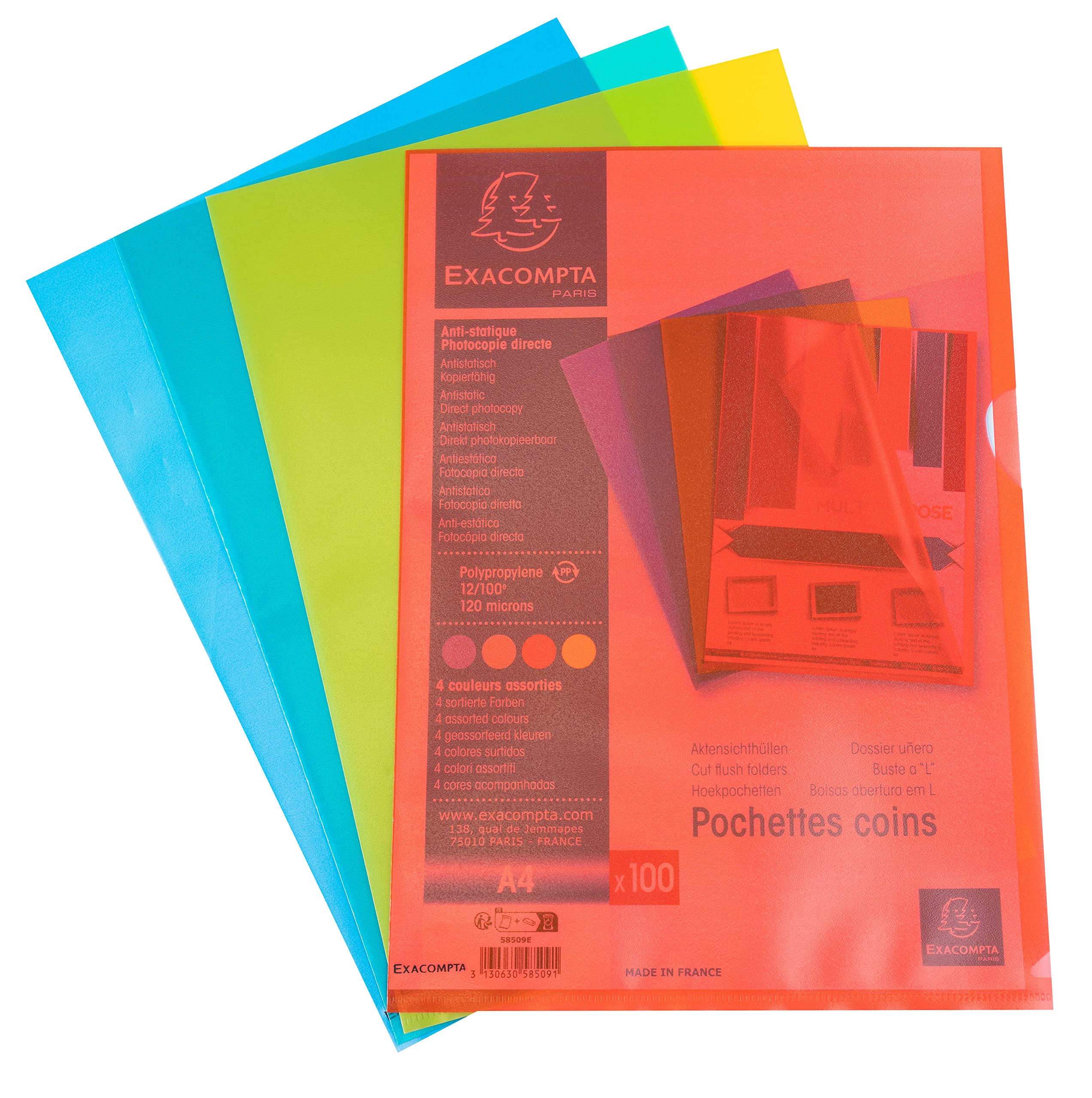 Exacompta - Ref. 58509E - Bag of 100 corner pockets - In grained polypropylene - Ultra-thick thickness 12/100th - Format to file A4 - 4 assorted colours