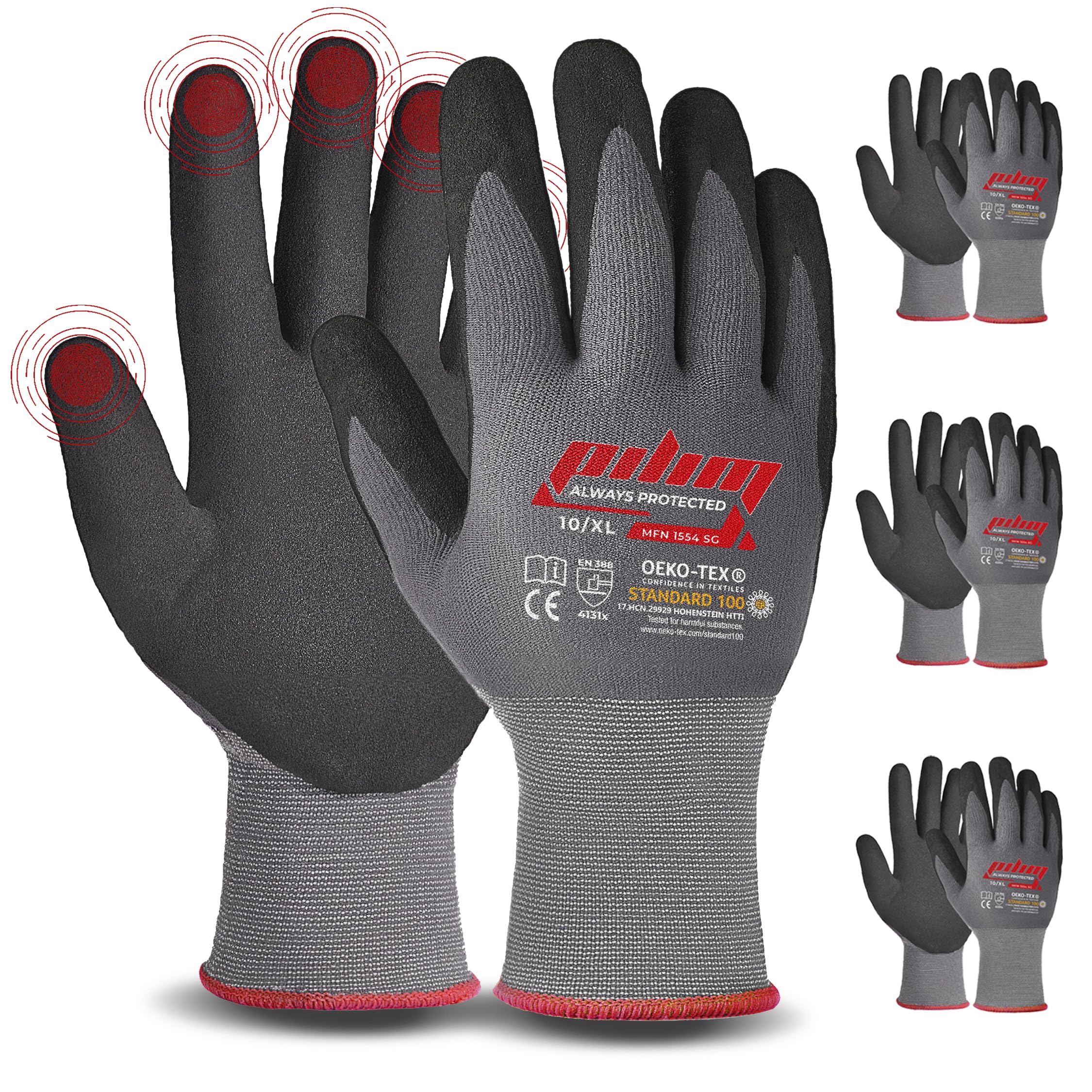 Pilim Microfoam Nitrile Safety Gloves Work Gloves - 3 Pairs Size 8/M with Secure Grip Gloves Ideal for Mechanics, Construction and Gardening - Available in 3, 6, or 12 Packs