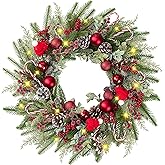 22’’ Artificial Christmas Wreath for Front Door with Red Balls Candy Canes Pine Needles Red Berries Pine Cones Christmas Decorations for Winter Wall Outdoor Home Holiday Xmas Decor