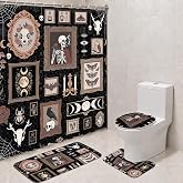 Romart Halloween Shower Curtain Set, 4 Pcs Gothic Skeleton Bathroom Decor | Vintage Gothic Bathroom Set with Rugs, 71 x 71 Inch Curtain, Toilet Lid Cover, U-Shaped Mat, Bath Mat and 12 Plastic Hooks