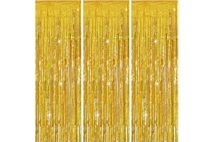BOMSI 3 Pack Gold Backdrop Birthday Decorations Foil Curtain Backdrop Gold Streamers Dance Party Decorations Photo Booth Props for Bachelorette Decorations Christmas Halloween New Years Eve Party Supplies