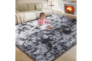 FAIRBLINK Luxury Shag Area Rug, 5X8 Ft Indoor Ultra Soft Plush Rugs for Living Room, Carpet for Teens Dorm Nursery Home Decor Aesthetic, Upgrade Anti-Skid Durable, Tie Dye Black and Grey