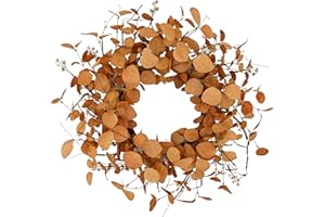 KORSMV 20 inch Artificial Fall Eucalyptus Wreath for Front Door with Orange Eucalyptus Leaves,Dry Vine Branches,Seed Branches for Front Door Indoor Outdoor Farmhouse Home Wall Window Festival Decor
