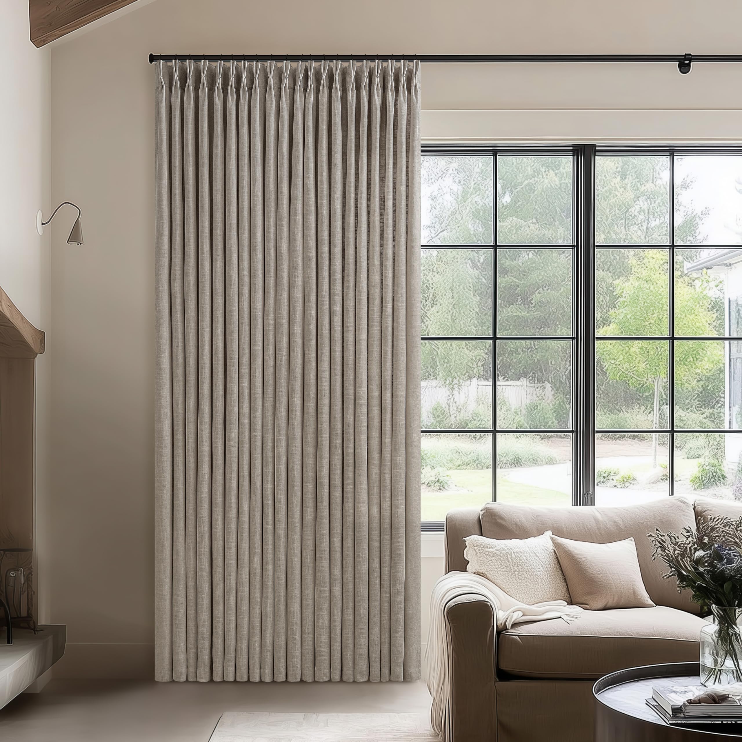 Photo 1 of Taupe Patio Sliding Door Curtains 100 Width 102 Inches Long Pinch Pleated Curtain with Hooks Rings Light Filtering Semi Sheer Extra Wide 100x102 Drape Living Dining Room Burlywood Birch 1 Panel