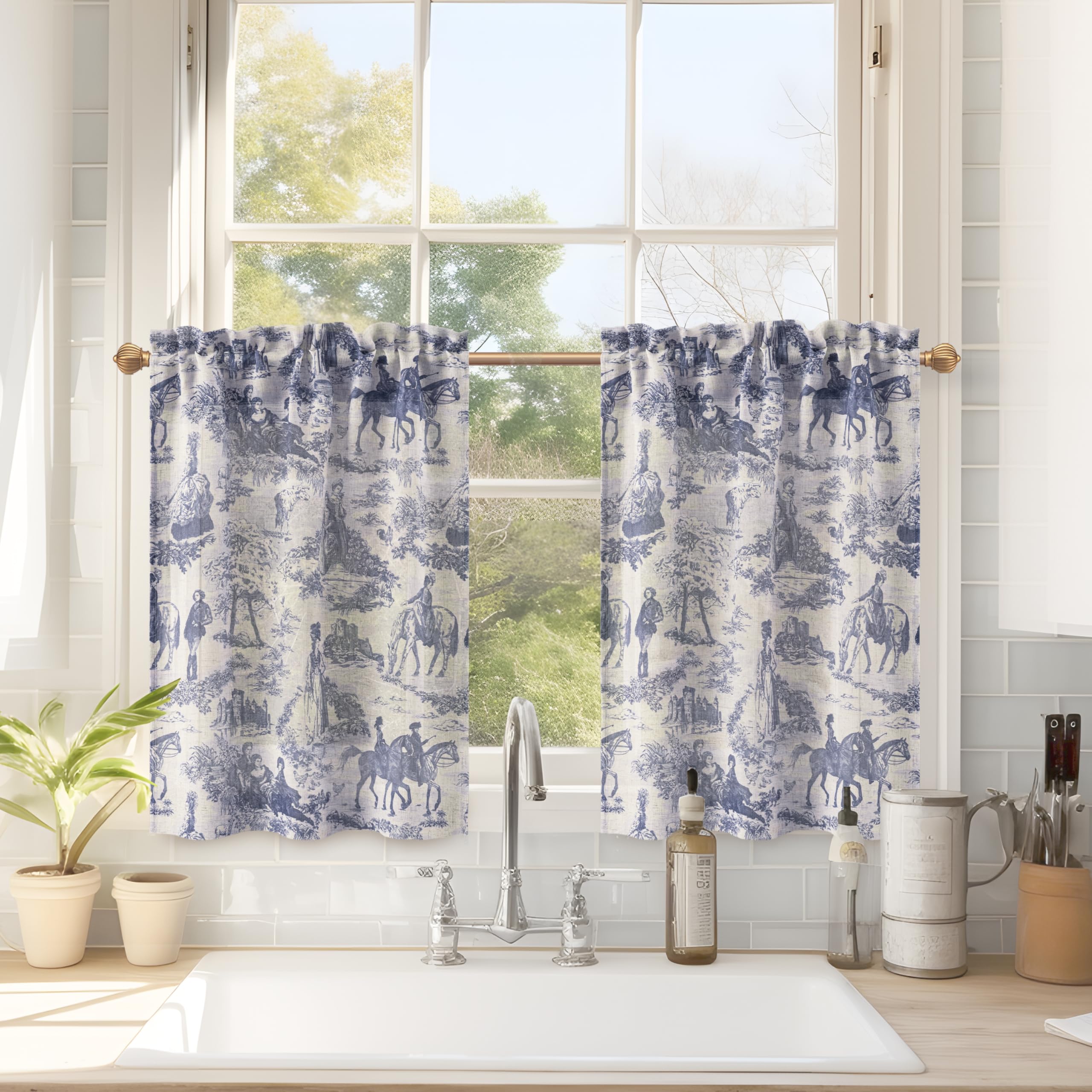 Photo 1 of DriftAway Kitchen Curtains Toile Tier Linen Short Curtains Cafe 24 Inch Length for Living Room Bathroom Farmhouse French Country Vintage Printed Pattern Rod Pocket 2 Panels Navy