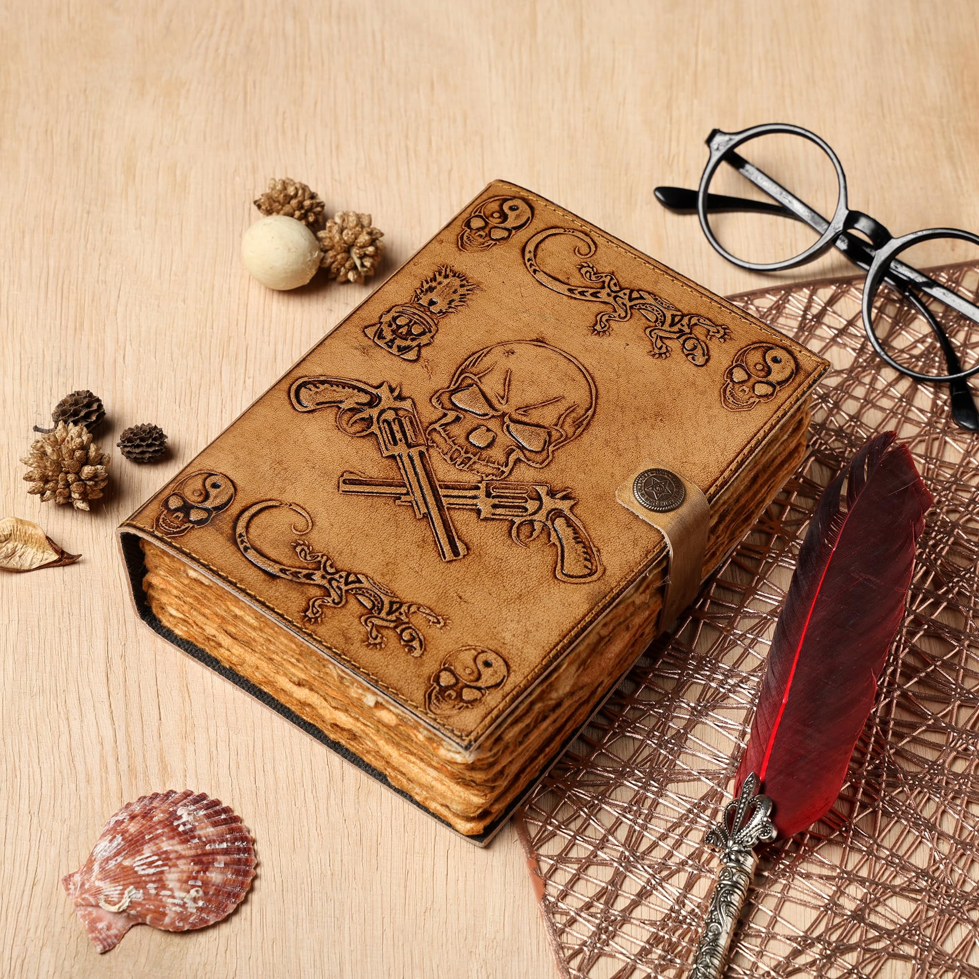 Purpledip Leather Diary Journal With Emboss Design 'Guns & Skull' Handmade Tree-Free Cotton Paper With Deckled Edges In Antique Finish, Vintage Lock, 7*5 Inches, 188 Pages, Eco Friendly Gift (12728)