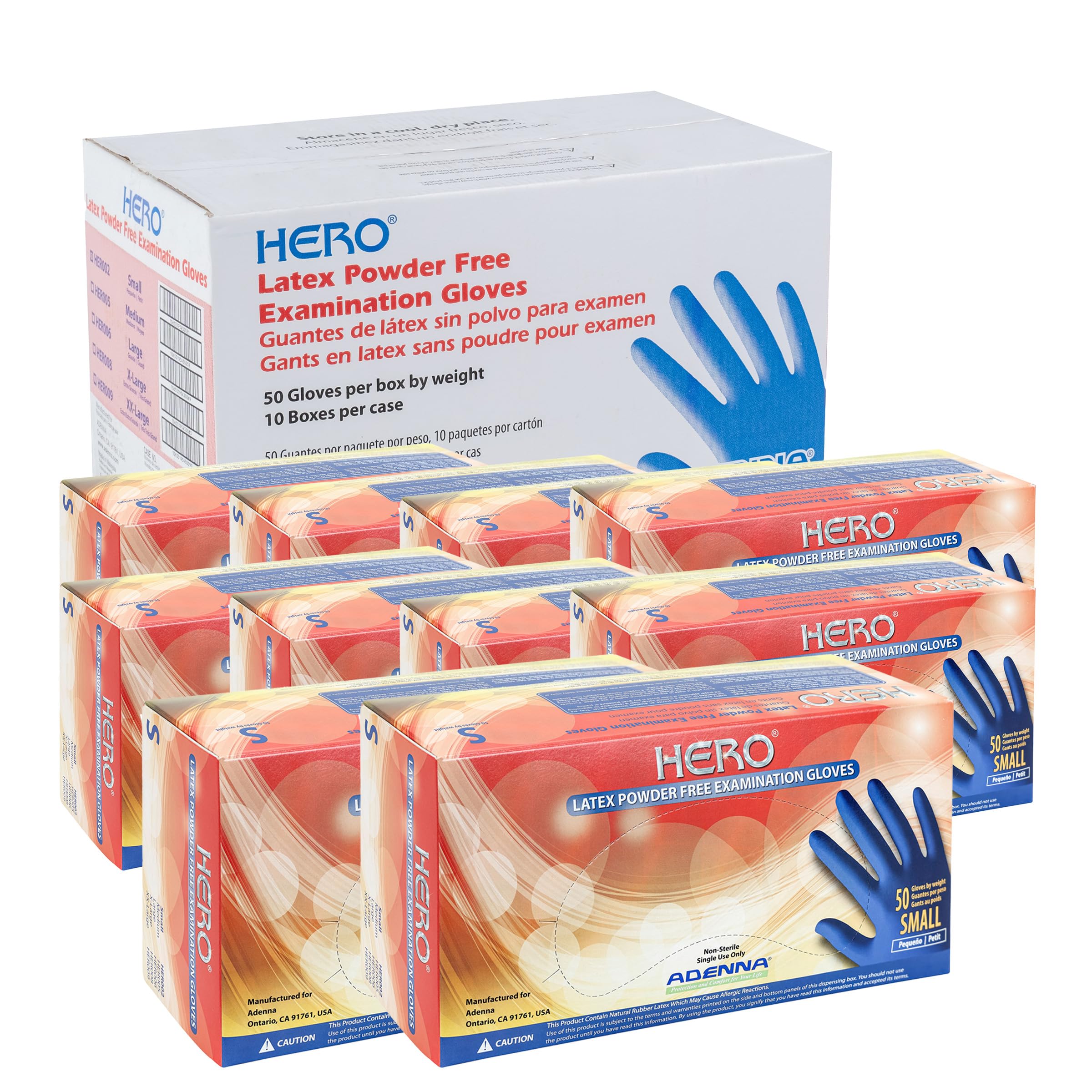 Adenna HERO Disposable Latex Gloves - 14 Mil, NFPA-Approved Heavy Duty Glove with 12" Extended Cuff & Micro-Textured Grip, Exam Grade, Powder Free, Case of 500, Small, Blue Image