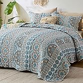 Qucover Boho Queen Quilt Bedding Set, Teal Blue Striped Reversible Oversized Queen Quilt Set, 3pc Lightweight Microfiber Bedspread Coverlet with 2 Pillowcase, Bohemian Bedroom Decor