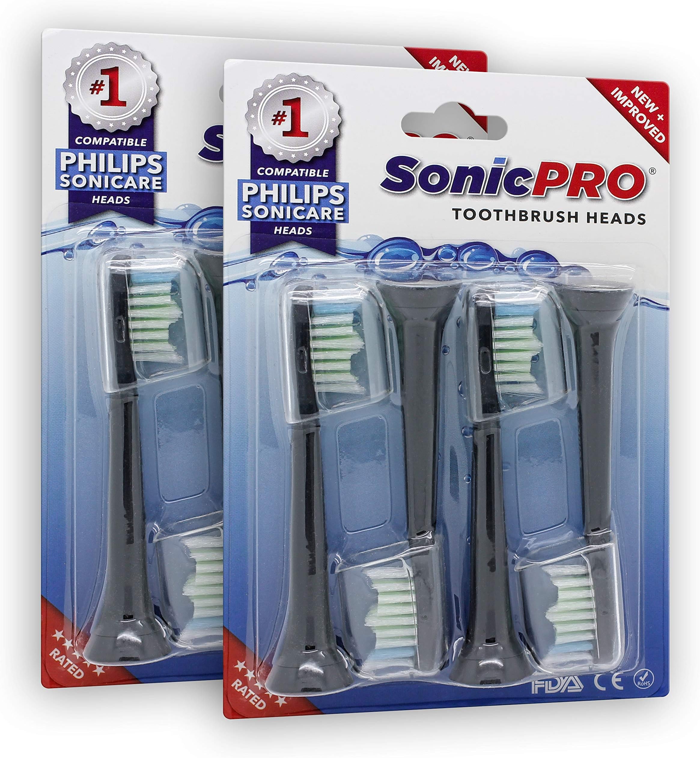 SonicPRO (8x) Black Replacement Heads Compatible with Philips Sonicare Toothbrush Heads DiamondClean 2 Series FlexCare + HealthyWhite EasyClean Click-On (8 Heads) SonicPRO made by Great Value Tech