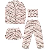 Huar Women Pajama Set, 4 pcs Button Down Vacation Beach Cotton Set, Lounge wear PJ Set For Birthday