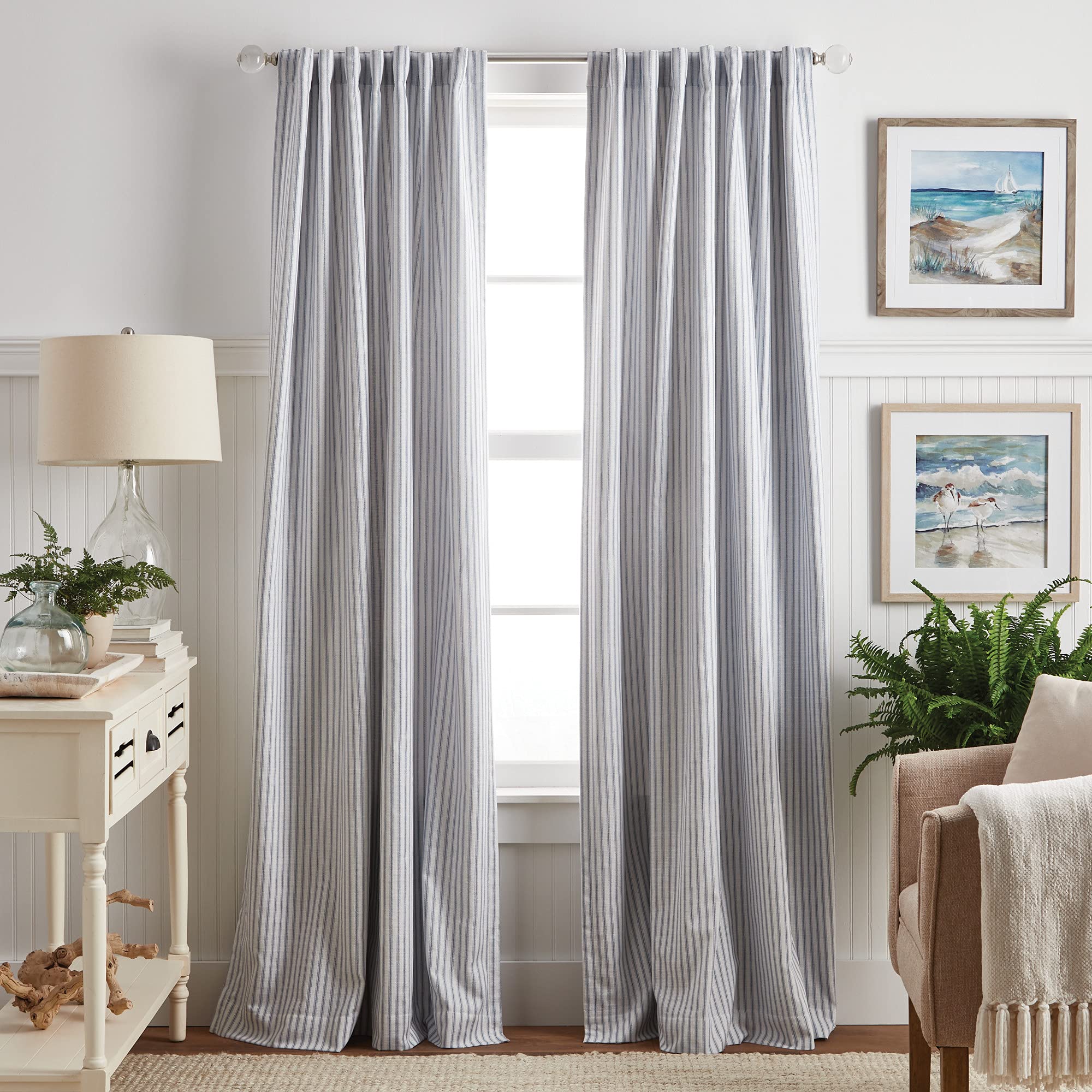 Martha Stewart Ticking Stripe Blackout Lining Rod Pocket/Back Tab Window Curtain Panel Pair, 84", White/Indigo