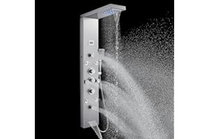 POPFLY LED Rainfall Waterfall Shower Panel Tower System, 4 Body Jets and 4 Mist Spray, 3-Function Handheld Shower, 304 Stainless Steel Shower Tower with Temp Display, Brushed