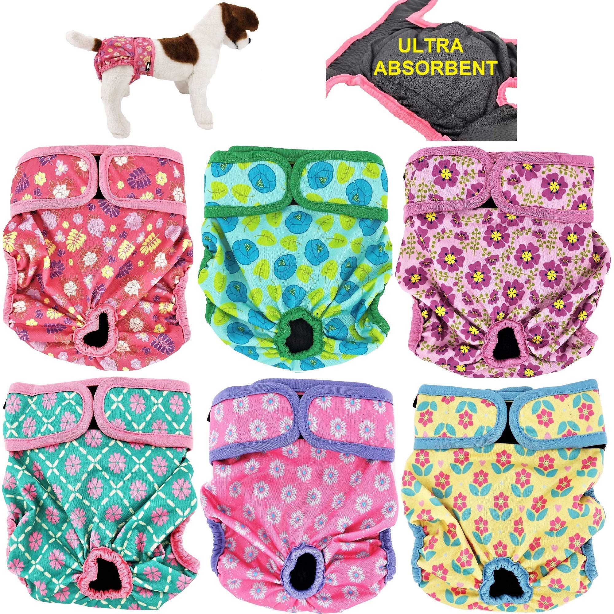 Pack of 6 Female Dog Diapers with 4 - Layers of Absorbent Pads Cat Panties Waterproof Leak Proof Washable (M: Waist 16" - 20", Pack of 6 Patterns)