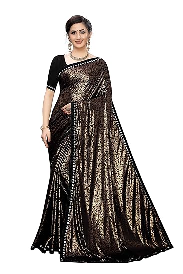 Black Color Lycra Golden Flower Print Saree With Blouse Piece (MITHUNJAY_BLACK_Free Size)