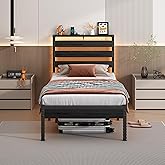 CLIBFENG Bed Frame Twin Size with USB Charging Station, LED Bed Frame with Wood Storage Headboard, Black Metal Platform Bed with Under Bed Storage, No Box Spring Needed, Noise Free