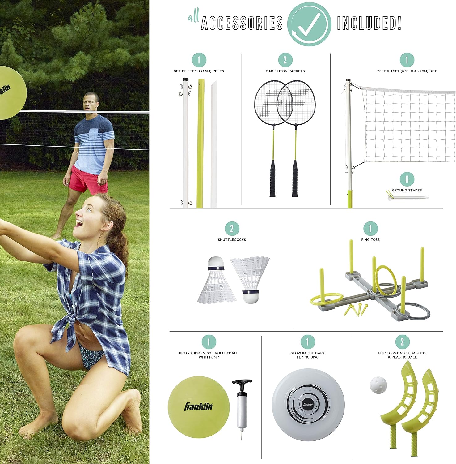 Franklin Sports Yard Games Combo Set - Volleyball/Badminton Net, 2 Player Badminton Set, Volleyball, Horsehoes Set, Flying Disc, Flip Toss : General Sporting Equipment : Sports & Outdoors