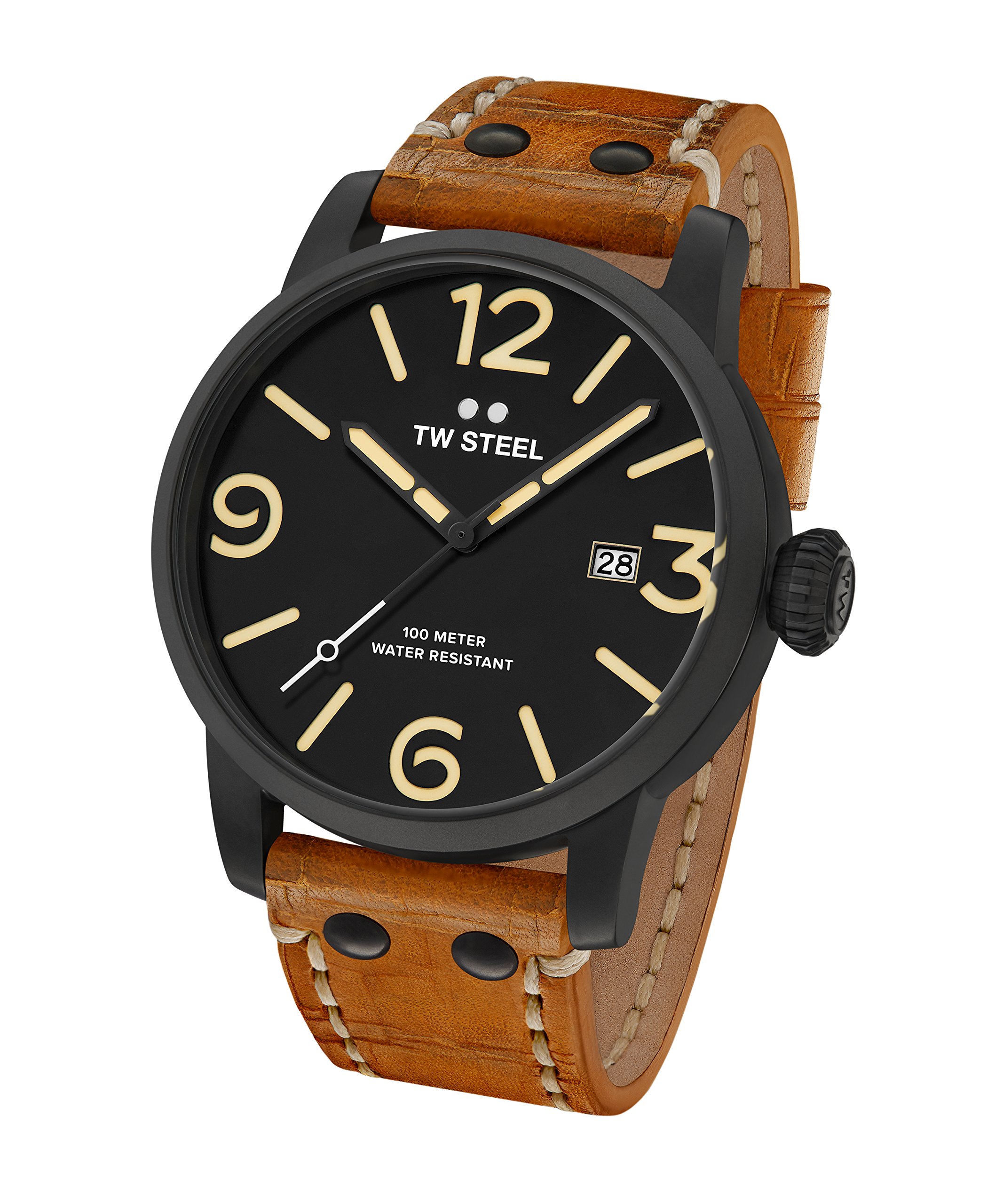 TW Steel Maverick Men Quartz Watch with Black Dial Analogue Display and Brown Leather Strap MS32