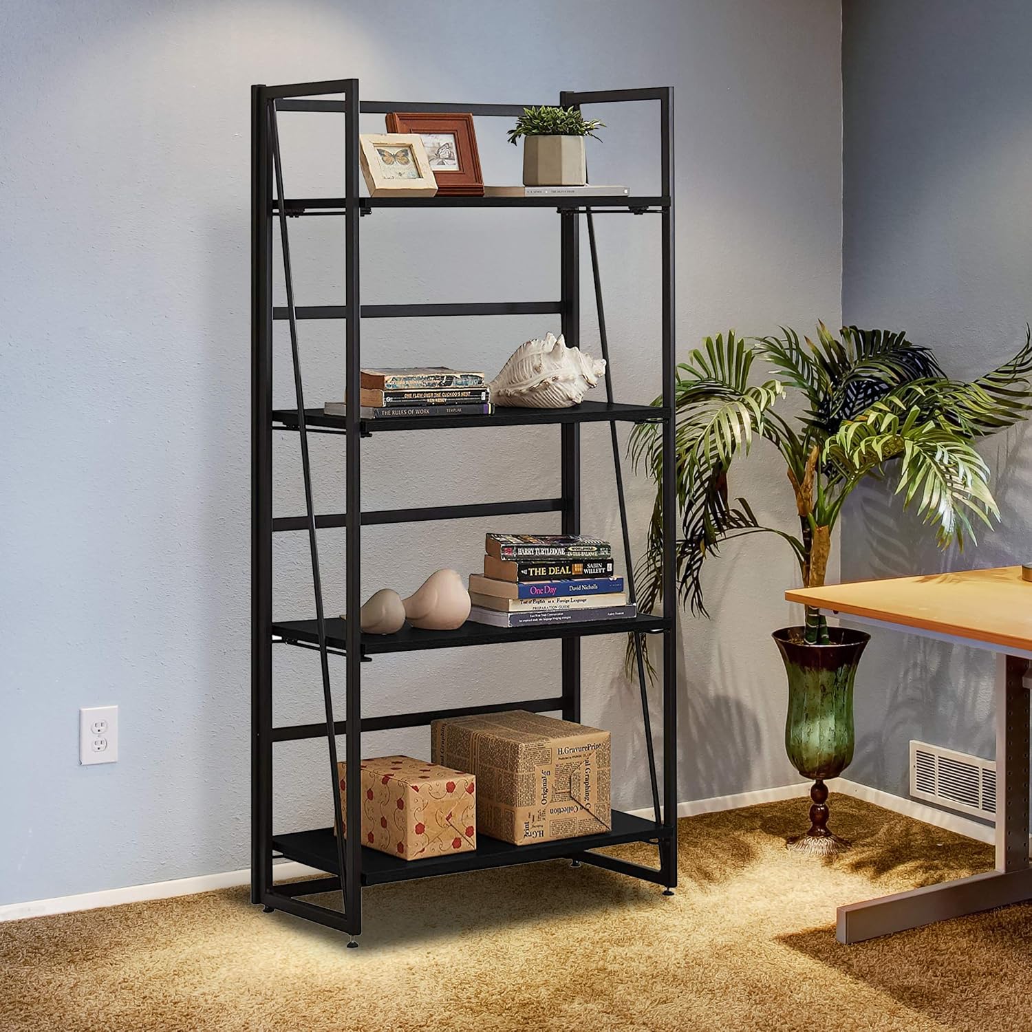 Halter Wooden Bookshelf with Folding Metal Frame. Spacious 49x23x12. Strong, Heavy Duty for Books, Tools, Decor. Fast, Easy Assembly, Movable for Living Room, Office (Black, 4 Tier, 1-Pack)