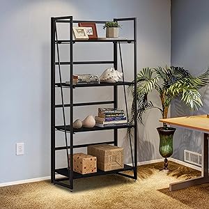 Halter Wooden Bookshelf with Folding Metal Frame. Spacious 49x23x12. Strong, Heavy Duty for Books, Tools, Decor. Fast, Easy Assembly, Movable for Living Room, Office (Black, 4 Tier, 1-Pack)