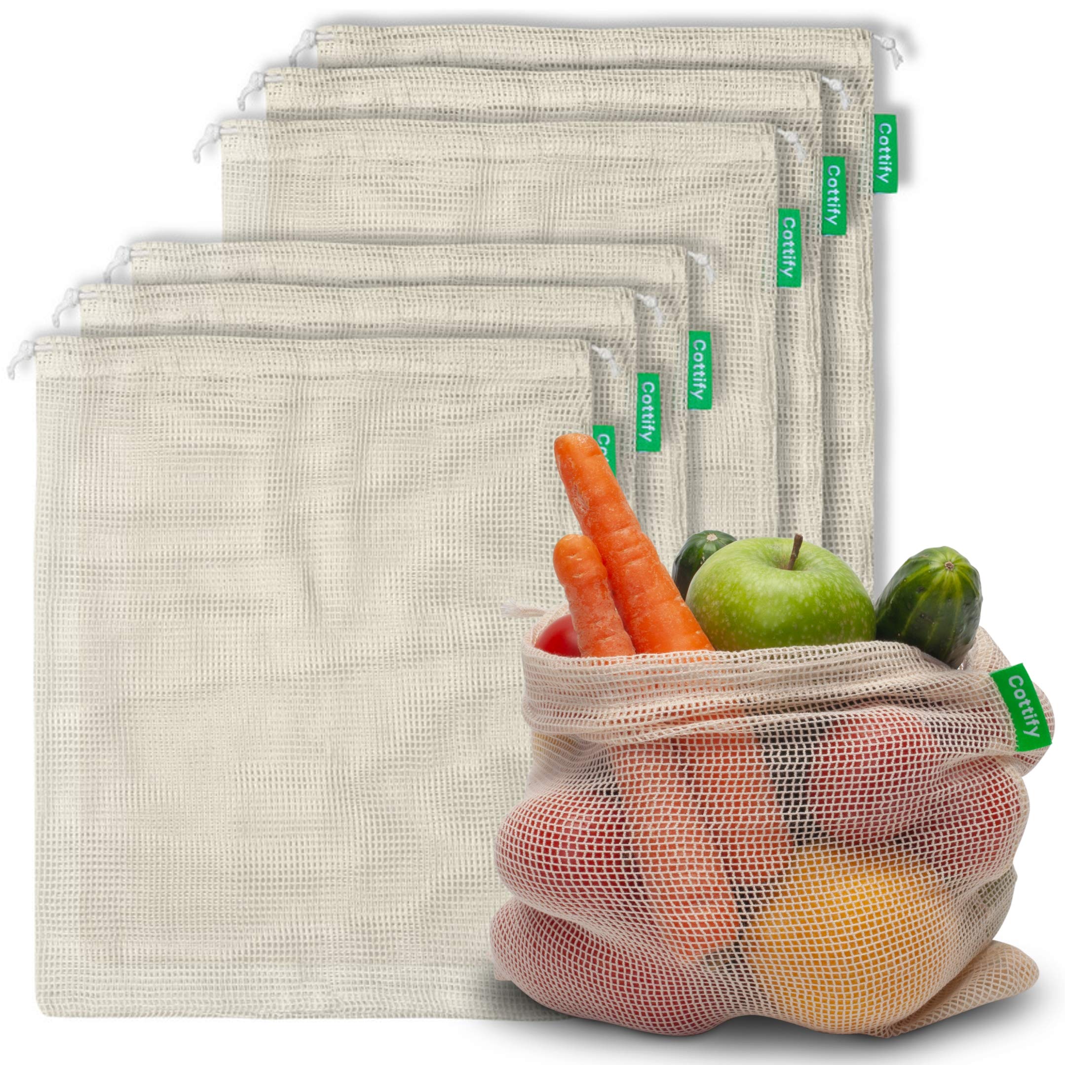 Photo 1 of 6 Reusable Produce Bags Grocery Washable | Organic Cotton Mesh Produce Bags | Double-Stitched & Tare Weigh | Mesh bags for vegetables | Cotton Produce Bags Reusable Washable | Produce bag (M size)