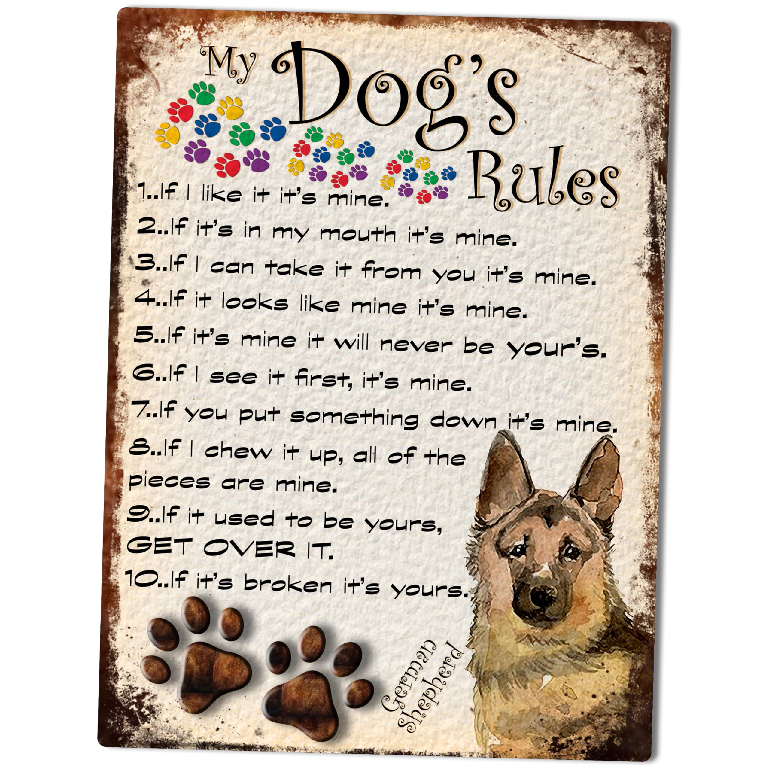 MY DOG'S RULES RETRO STYLE METAL TIN GERMAN SHEPHERD SIGN/PLAQUE THEME 10" X 8" (33RM)
