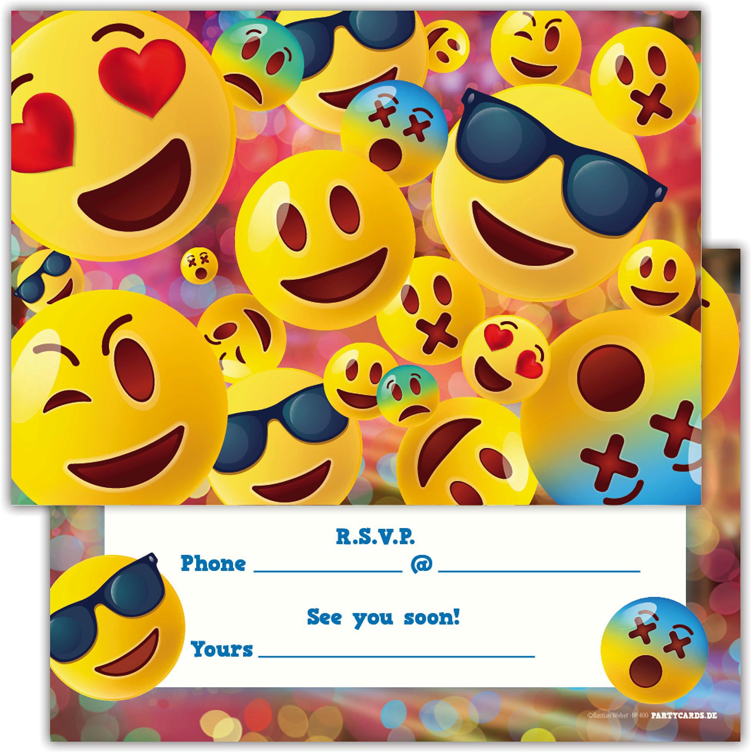 Pack of 12 Invites for Birthday Parties and Other Celebrations, Postcard Style Invitations, Size A6 - Emoji Smiley Face