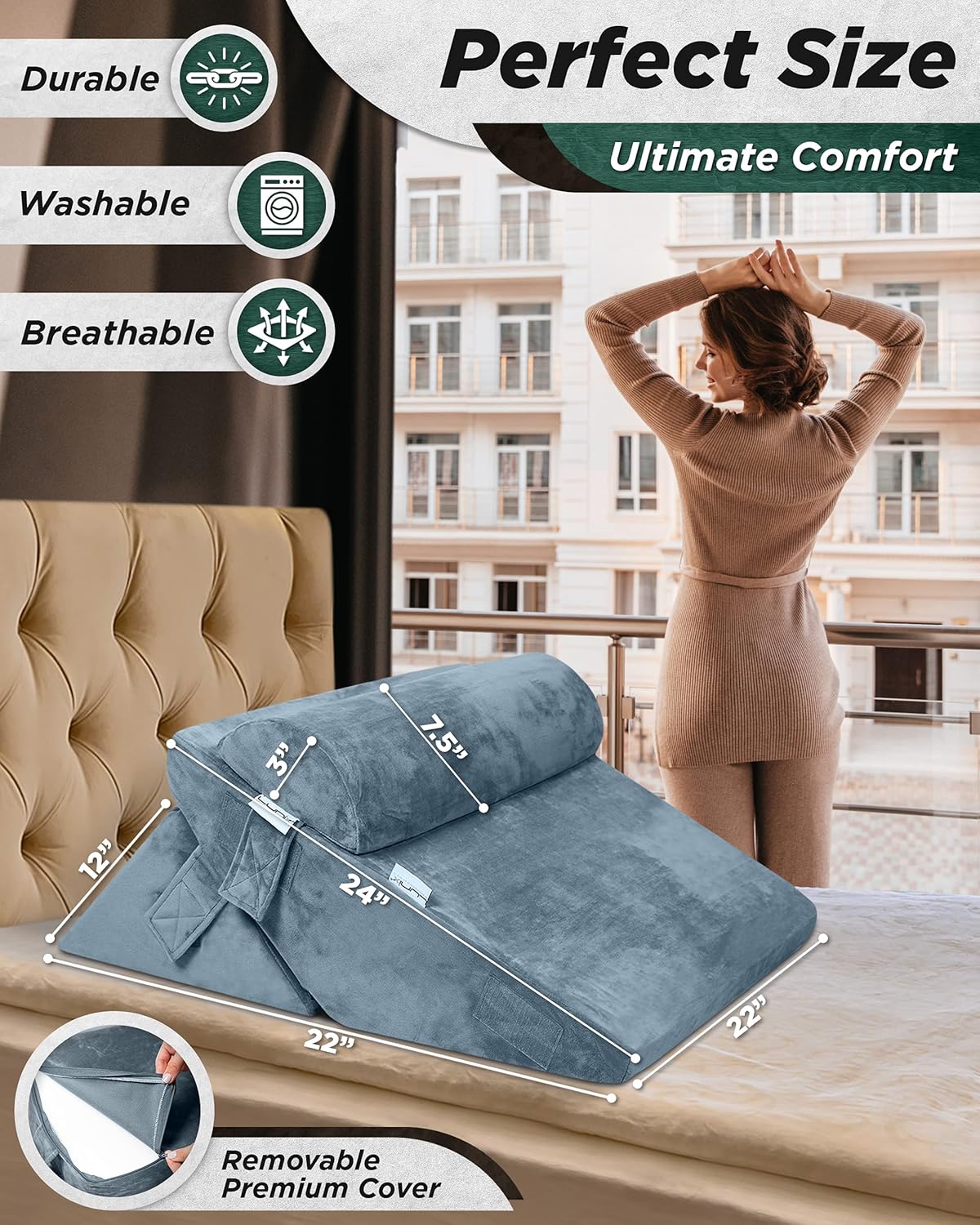 Lunix LX6 3pcs Orthopedic Bed Wedge Pillow Set, Post Surgery Memory Foam for Back,Leg and Knee Pain Relief. Sitting Pillow for Reading, Adjustable Pillows for Acid Reflux and GERD for Sleeping Navy: Kitchen & Dining