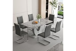 Btikita Dining Table Set for 6, Kitchen Table Chairs Set of 6, Modern Dining Room Set with 71 inch Marble Dinner Table PU Leather Upholstered Chairs for Dining Room Kitchen