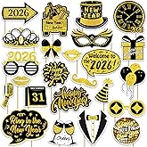 2026 Happy New Years Photo Booth Props, Black Gold New Years Eve Photo Props for 2026 New Year Eve Party Favor Supplies Decorations (24Pcs)