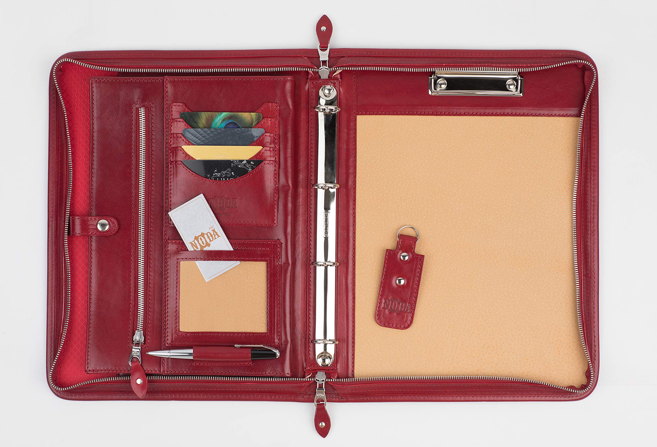 Noda Executive Leather Padfolio 4 Ring Binder Professional Business Portfolio w/Zippered Closure | Resume, Document, Notepad, Tablet, Writing Pad Organizer | Men, Women Clipboard (Red)