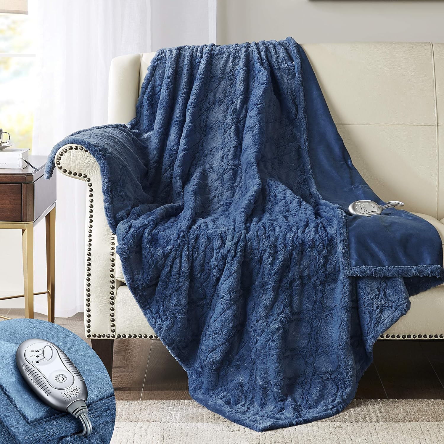 Hyde Lane Faux Fur Electric Blanket Throw | Premium Soft Heated Blankets | Blue, 50x60 Inch | Fuzzy, Pilling Resistant with Brushed Underside | 3 Heat Settings | Auto-Shutoff | Machine-Washable: Kitchen & Dining