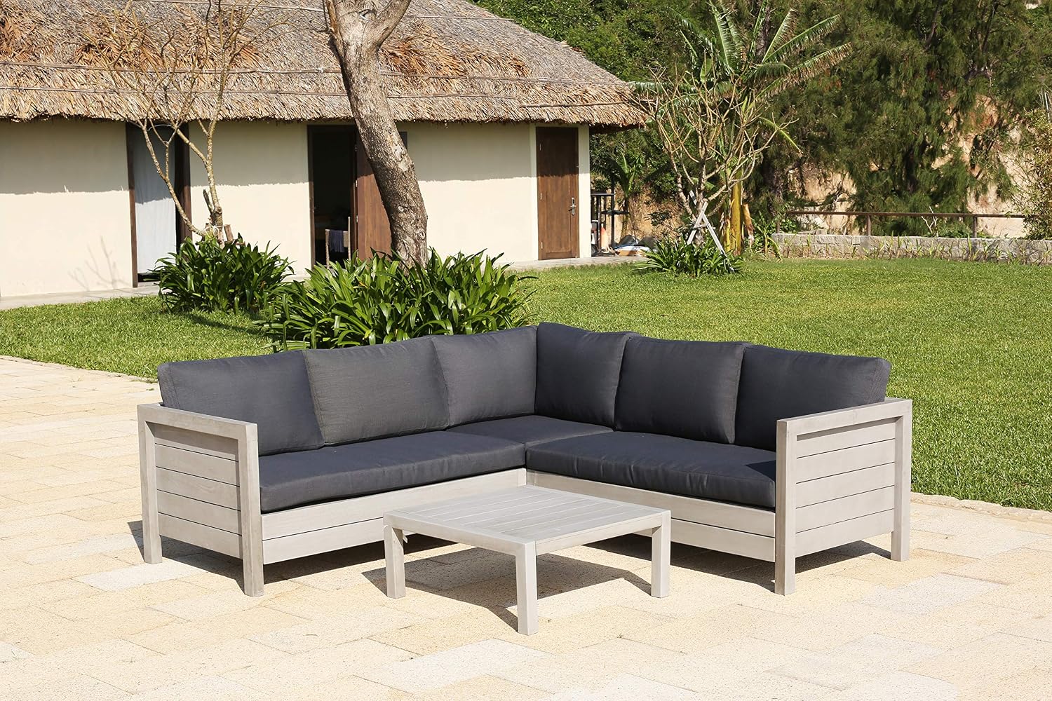 Backyard Furniture Lodge Chunky Fsc Solid Hardwood Greywash Corner Lounge Set With Thick Cushions Grey 240x240x65 Cm Amazon Co Uk Garden Outdoors