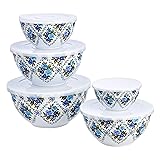 Amazon Basics 10-Piece Mixing Bowl Set with Lids - Non-Slip Base, Blue Rose Floral