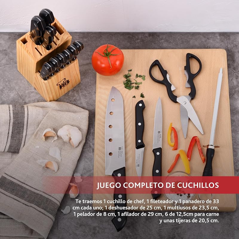 Renberg Tenessy - Brasil | Facas de Cozinha | Conjunto Completo de 15 Peças com Tacoma de Madeira | Perfeito para cortar todos os tipos de ingredientes | Cozinha Profissional | Feito de aço inoxidável
