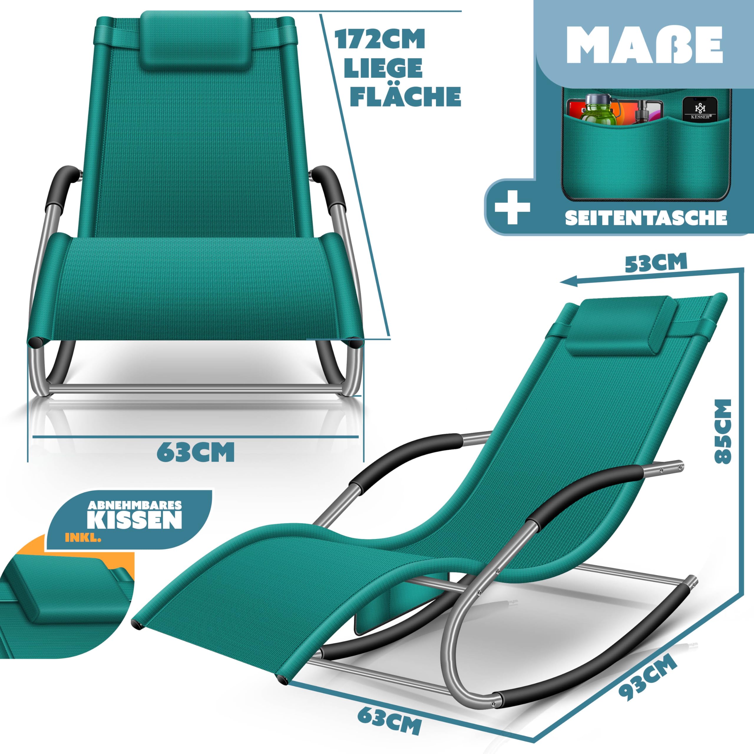 KESSER® Sonnenliege Relaxliege Schwungliege | Gartenliege | Gartenstuhl | Liegestuhl | Schaukelsessel | ergonomische Relaxsessel | Kopfkissen | wetterfest | 150 kg Belastung | Petrolgrün 8