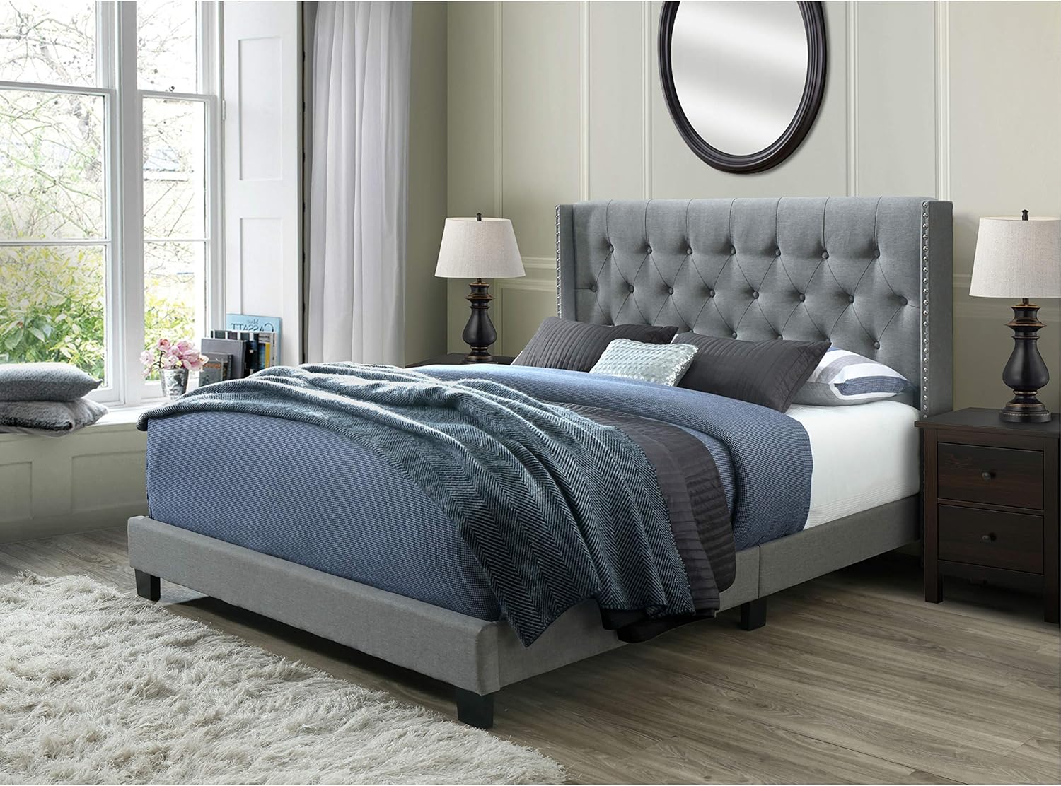 DG Casa Bardy Diamond Tufted Upholstered Wingback Panel Bed Frame, Queen Size in Gray Fabric