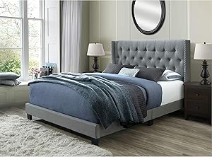 DG Casa Bardy Diamond Tufted Upholstered Wingback Panel Bed Frame, Queen Size in Gray Fabric