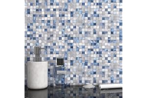 BeNice Peel and Stick Backsplash Tile Stickers, Kitchen Bathroom Wall Adhesive Small Metal Tiles Square-5sheets Blue Mix
