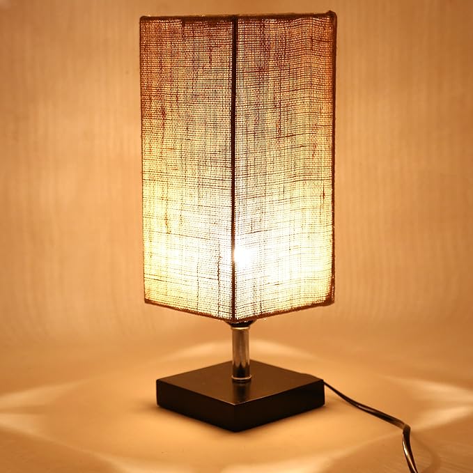 M&M Table Lamp Bedside Desk Lamp with Natural Jute Shade Solid Black Wooden Base, Minimalist Night Light for Bedroom, Living Room (Square)