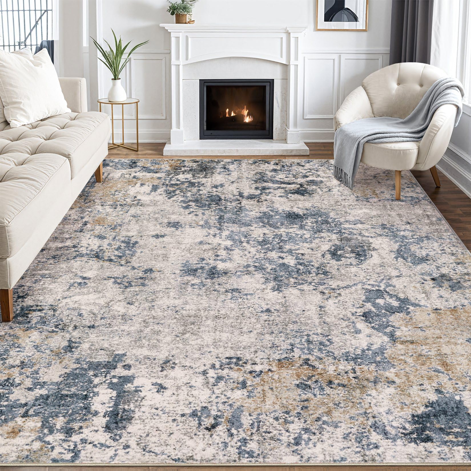 Photo 1 of Area Rugs for Living Room: 9x12 Abstract Washable Rug Large Soft Stain Resistant Non-Slip Backing for Bedroom Dining Room Indoor Home Office Carpet for Kids Pet Friendly Families - Blue Brown