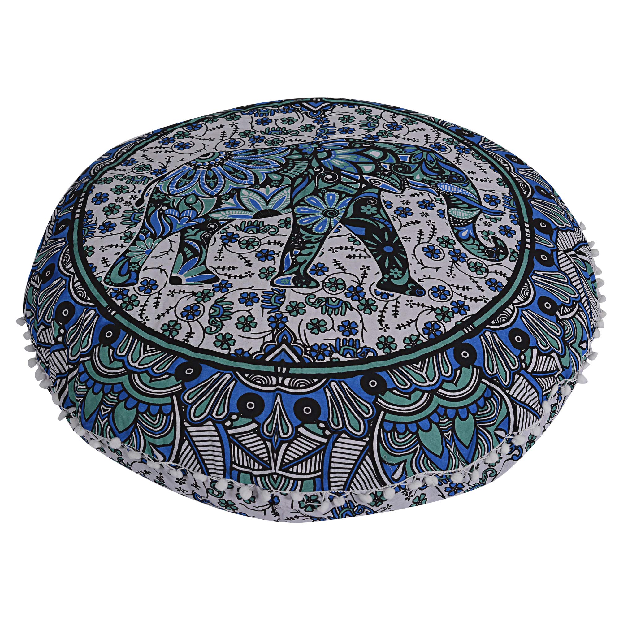 Radhykrishnafashions Indian 32" Large Hippie Mandala Floor Pillow Cover Cushion Cover Round Bohemian Yoga Decor Floor Cushion Case (Blue Elephant) โ image 1