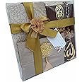 Muslim Prayer Rug, 7 in One Gift Set, Prayer Mat Surah Book, Tasbeeh, Scarf, Surah Case, Bookmark, Car Mirror Hanger, Prayer Beads,Islamic Gift for Umrah, Hajj, Wedding, Janamaz (Gold)