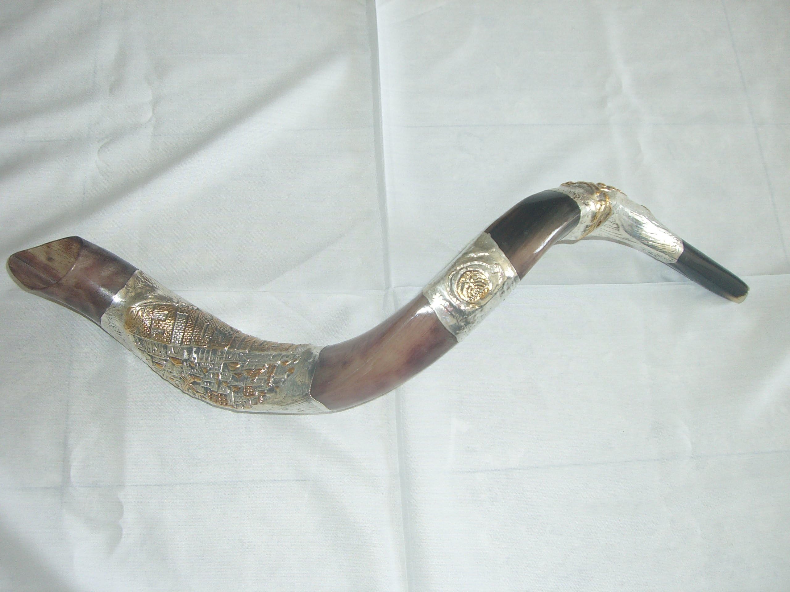 Amazing Silver Plated 32"-35" Yemenite Sterling Silver Jerusalem Shofar Kudu