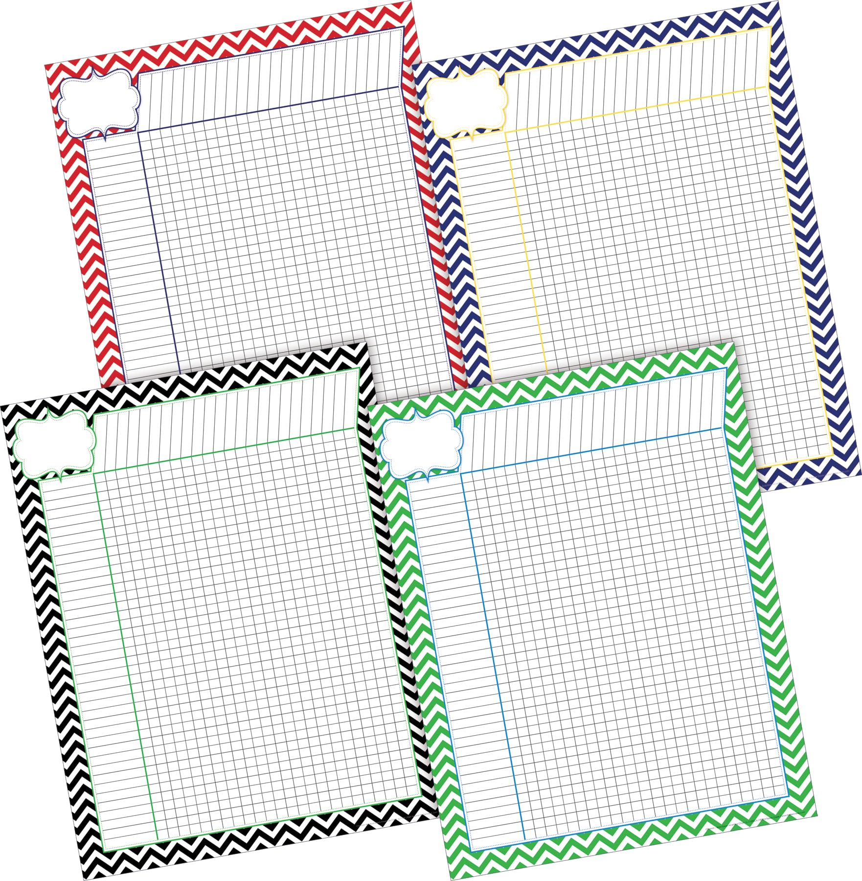 Barker Creek Incentive Chart Set of 4, Nautical Chevron, 4 Incentive Charts, Each with a Stylish Chevron Pattern in One of These Four Colors -- Navy, Green, Red and Black, Charts measure 17" x 22" (567)